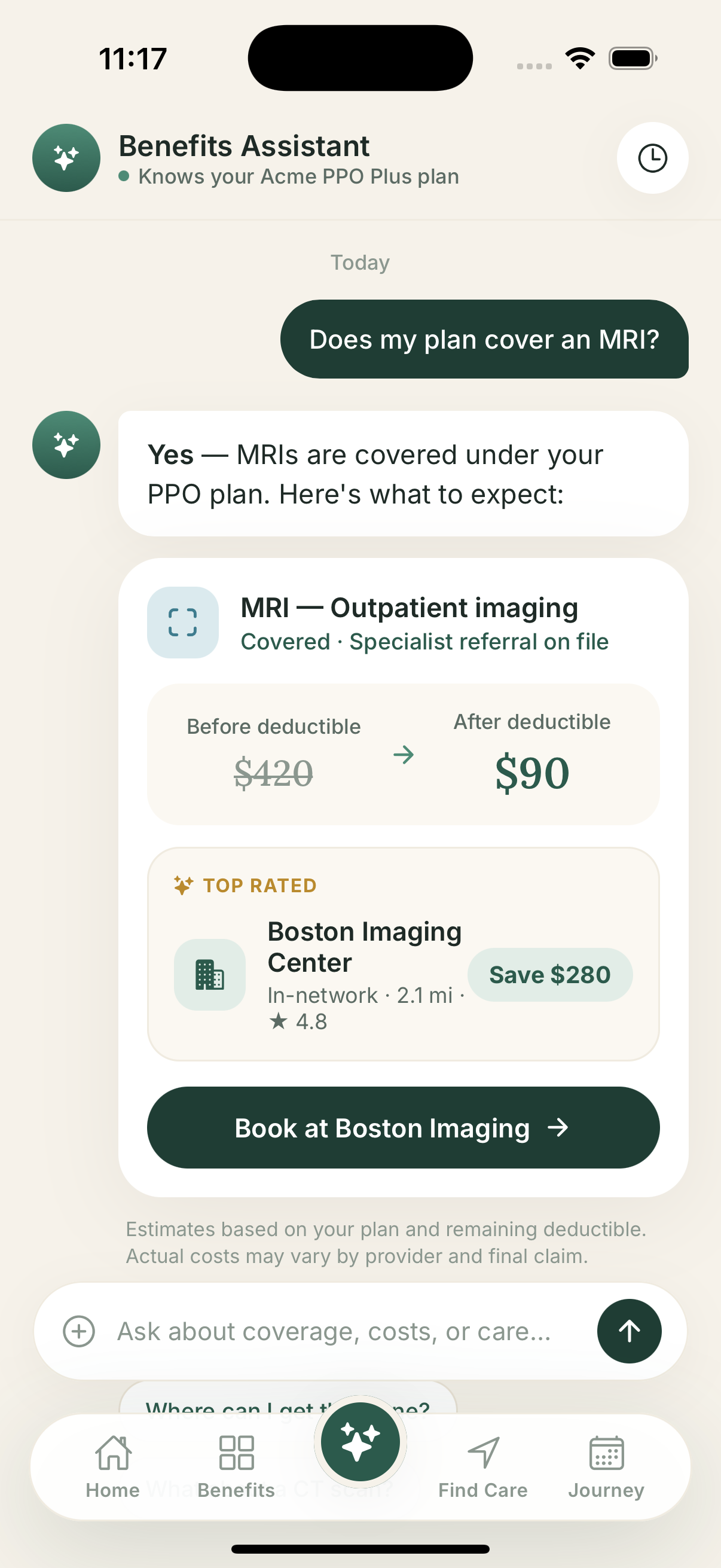Propellor answering an employee's coverage question with plan-specific cost and next steps
